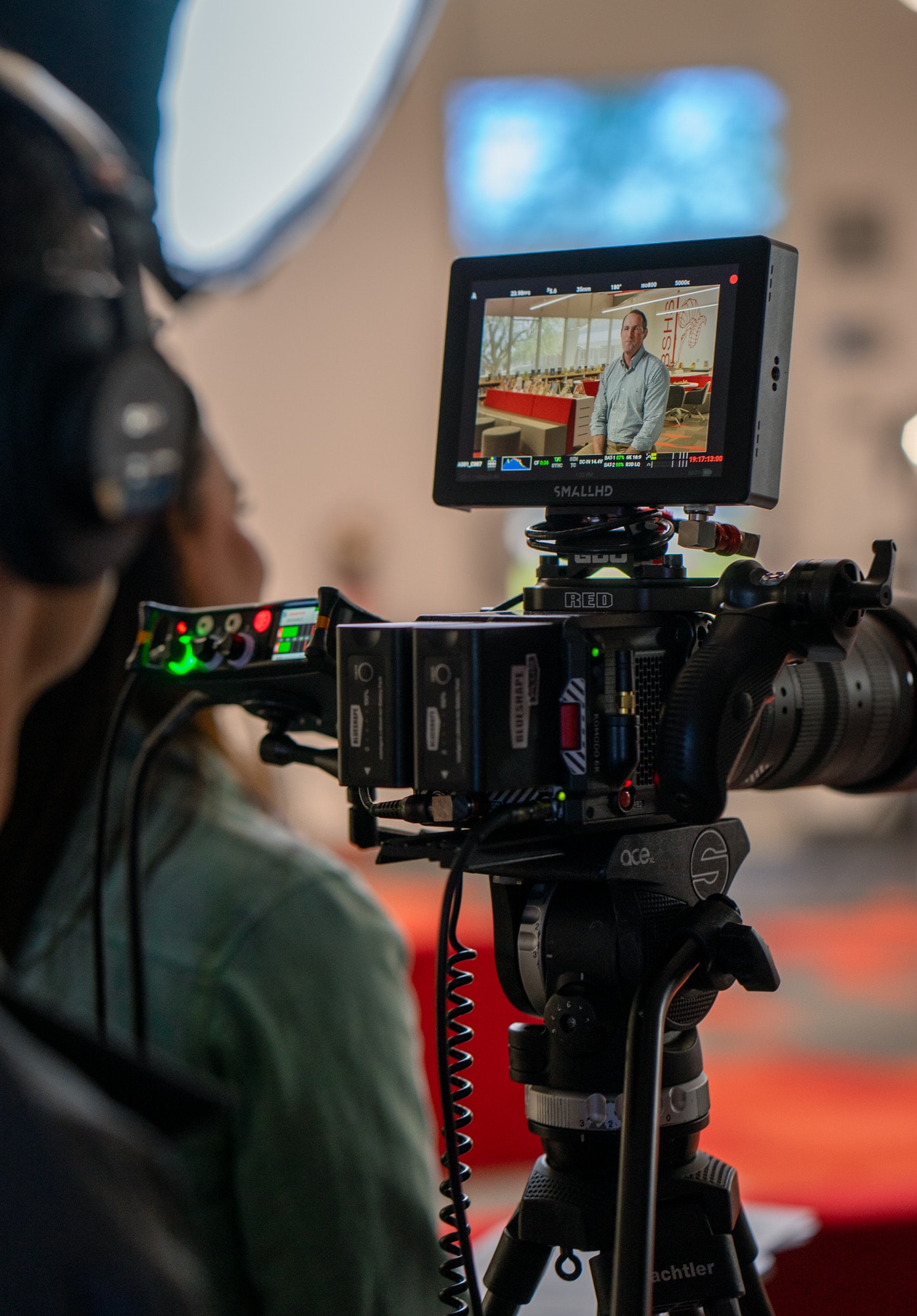 Blue Barn camera kit on set with monitor showing the interview subject