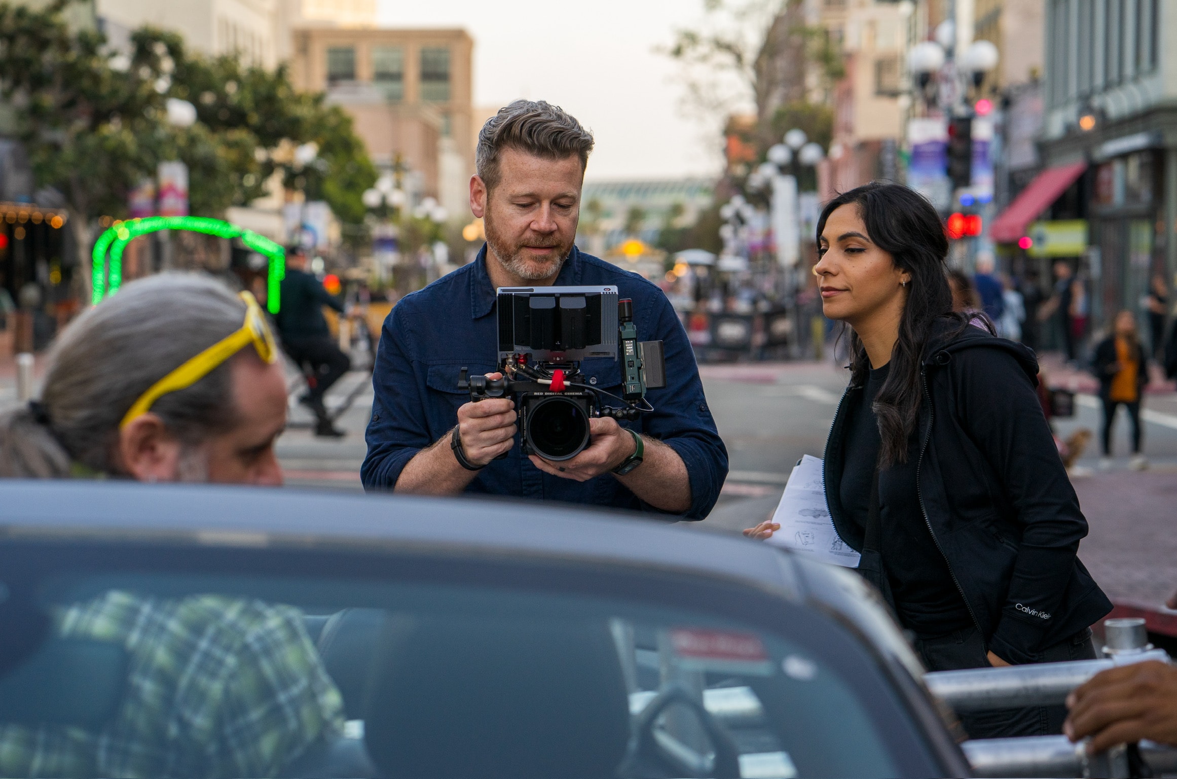 Stephen Alberts setting up a shot on location in downtown San Diego