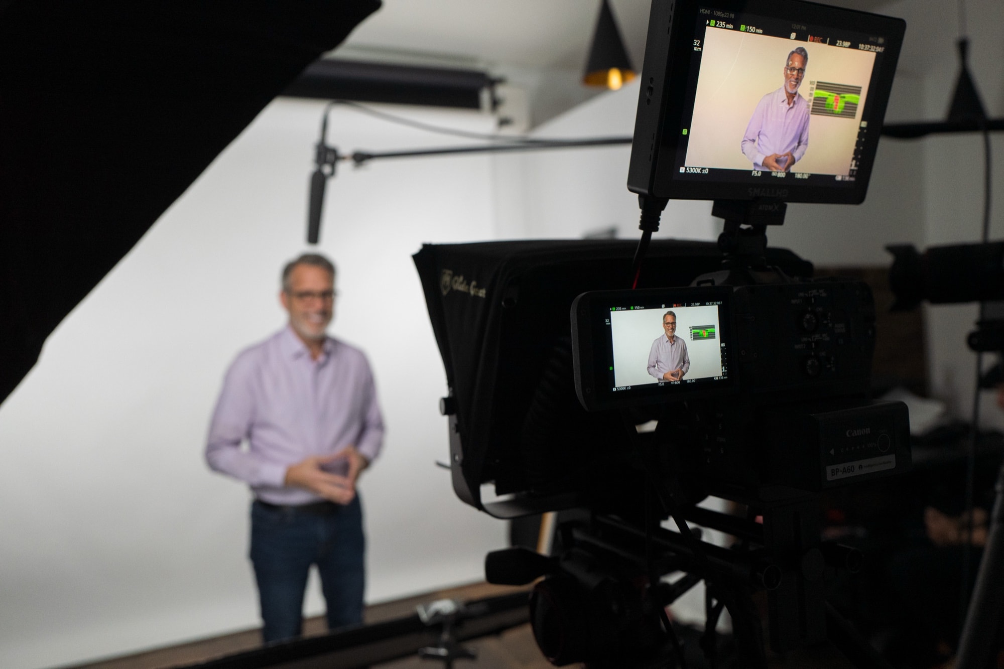 Multi-camera teleprompter studio production for a Blue Barn corporate video
