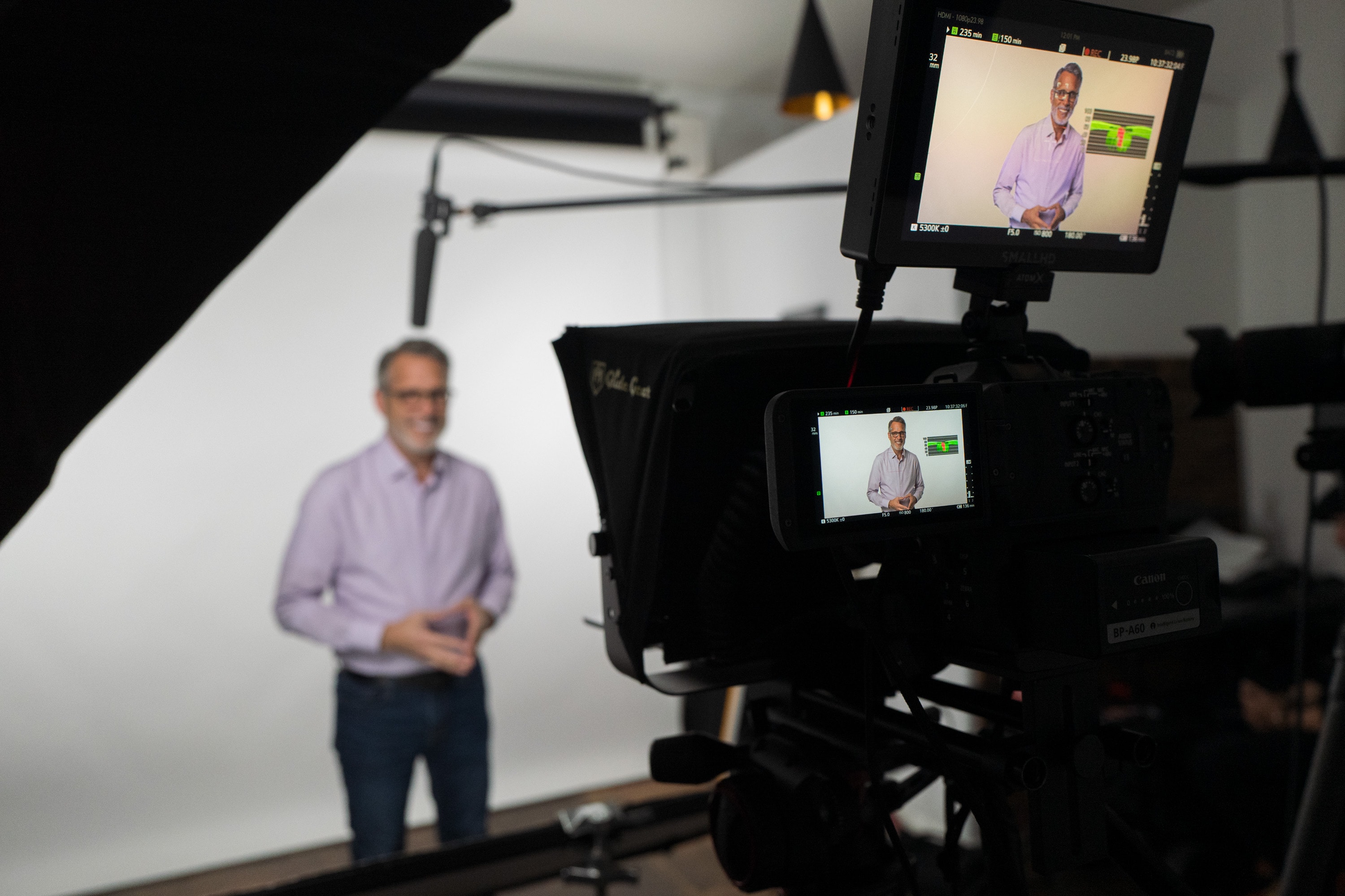 Multi-camera teleprompter studio production for a Blue Barn corporate video