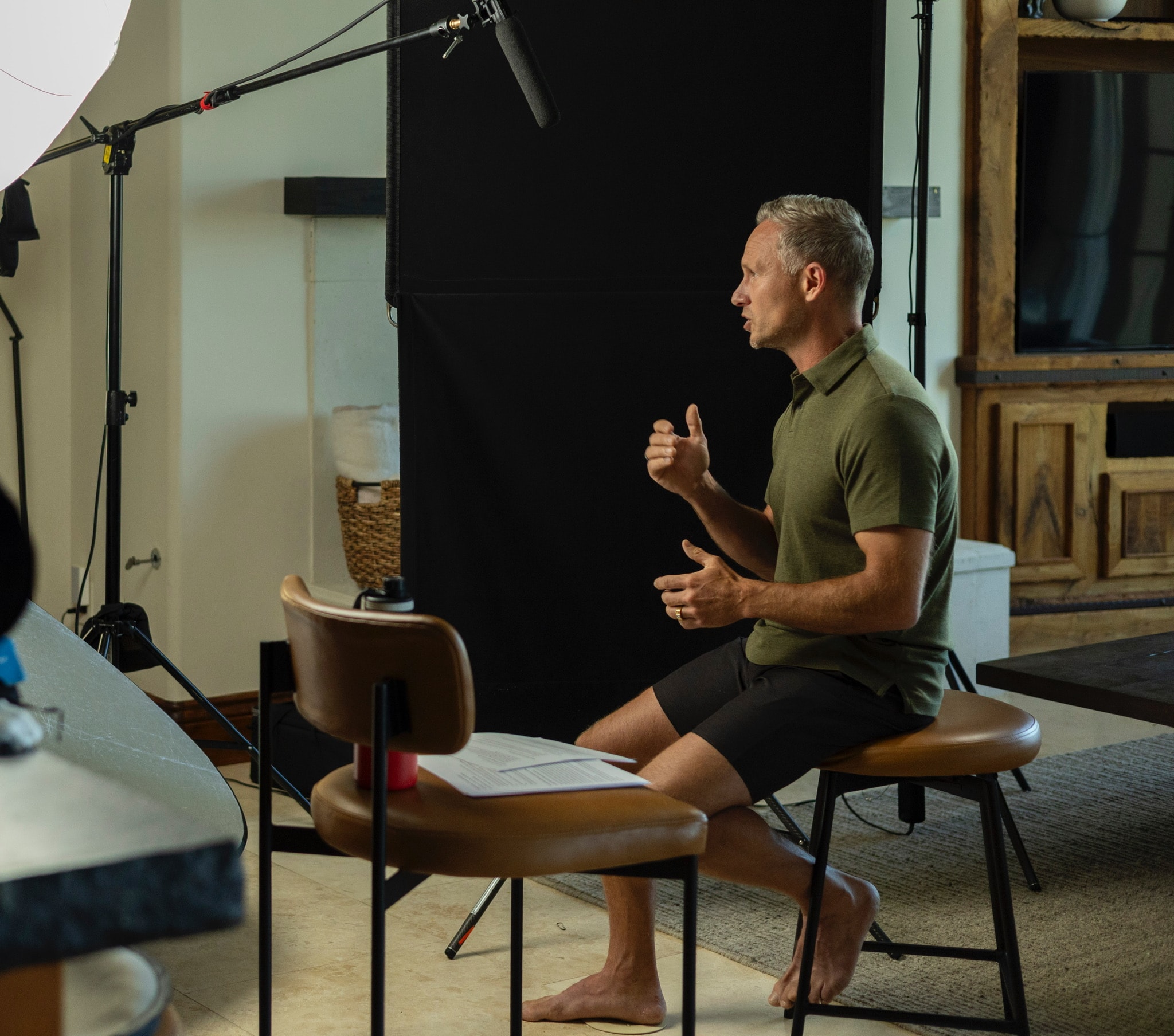 CEO mid-interview during a Blue Barn customer story shoot at home