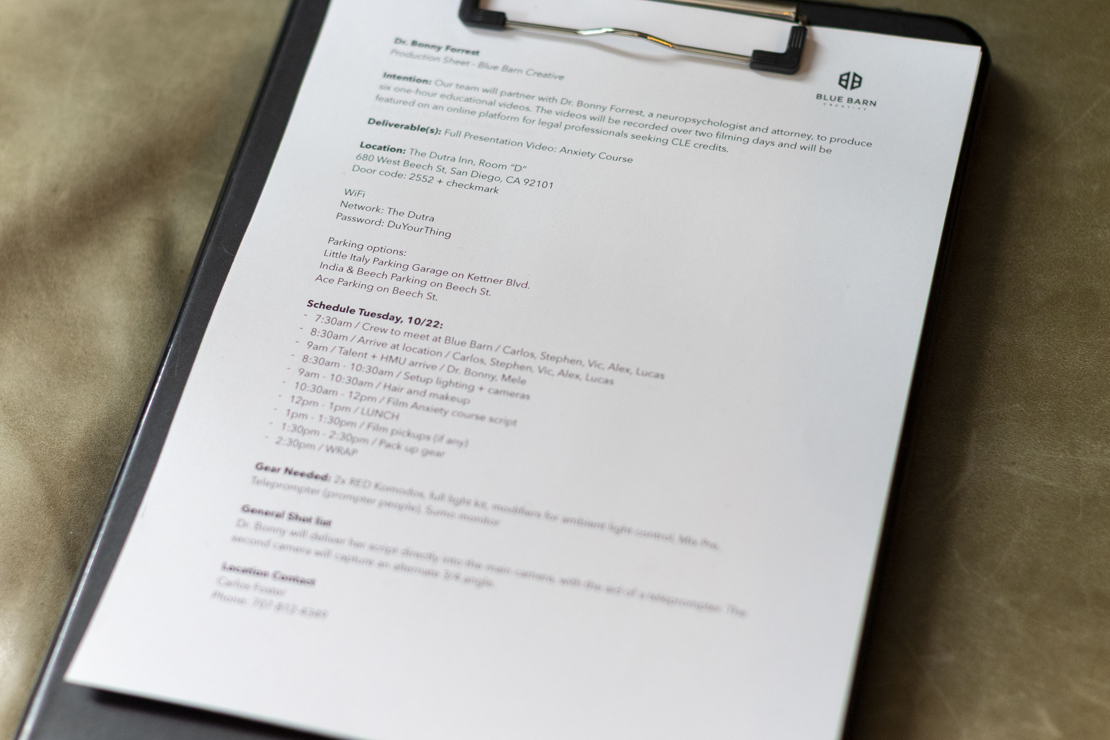 A Blue Barn production sheet during a shoot