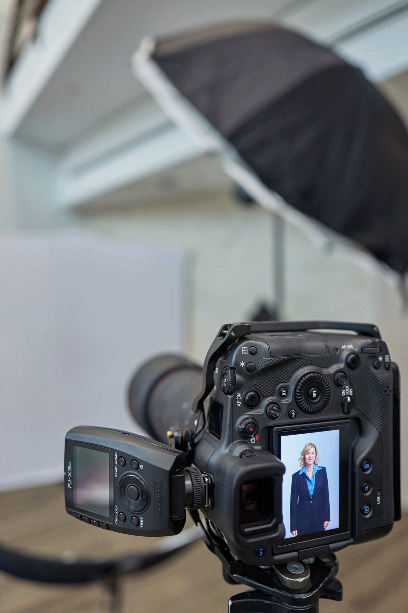 Close-up of a Blue Barn camera capturing a portrait headshot