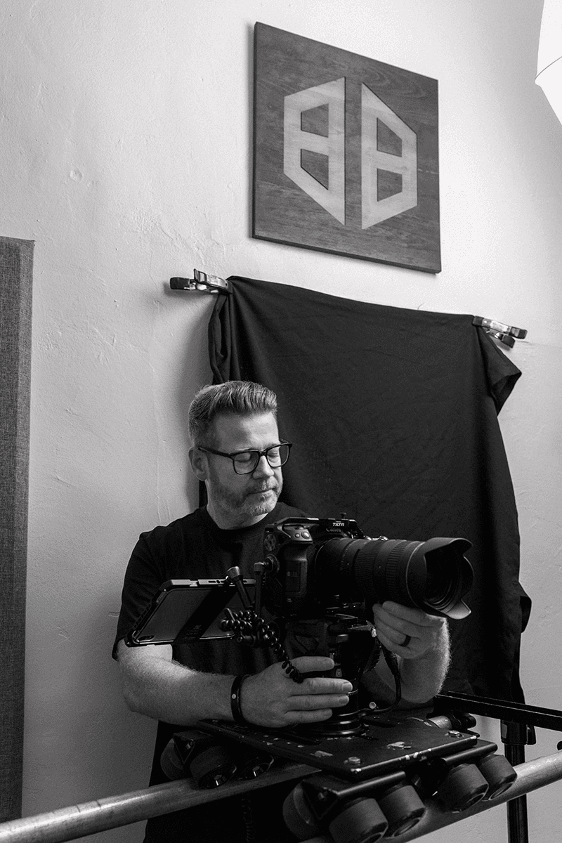 Stephen filming on set with a Dana Dolly camera slider